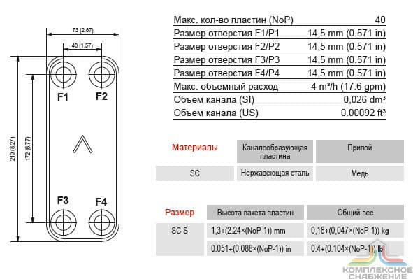 Габаритный чертёж и параметры паяного пластинчатого теплообменника SWEP EB6T